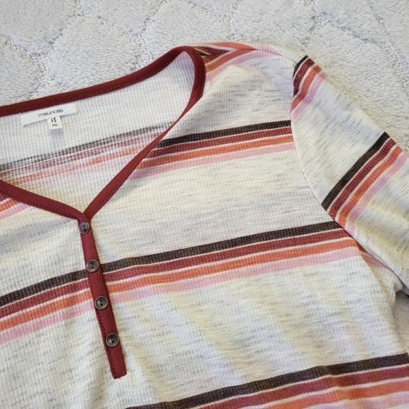 white and burgundy/pink tones striped long sleeve heartland henley shirt - Picture 3 of 5